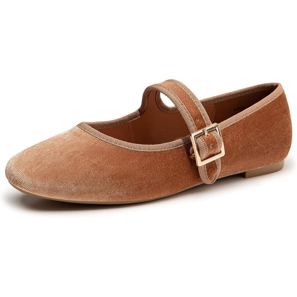 Trary Women's Brown Velvet Square Toe Buckle Strap Ballet Mary Jane Shoes
